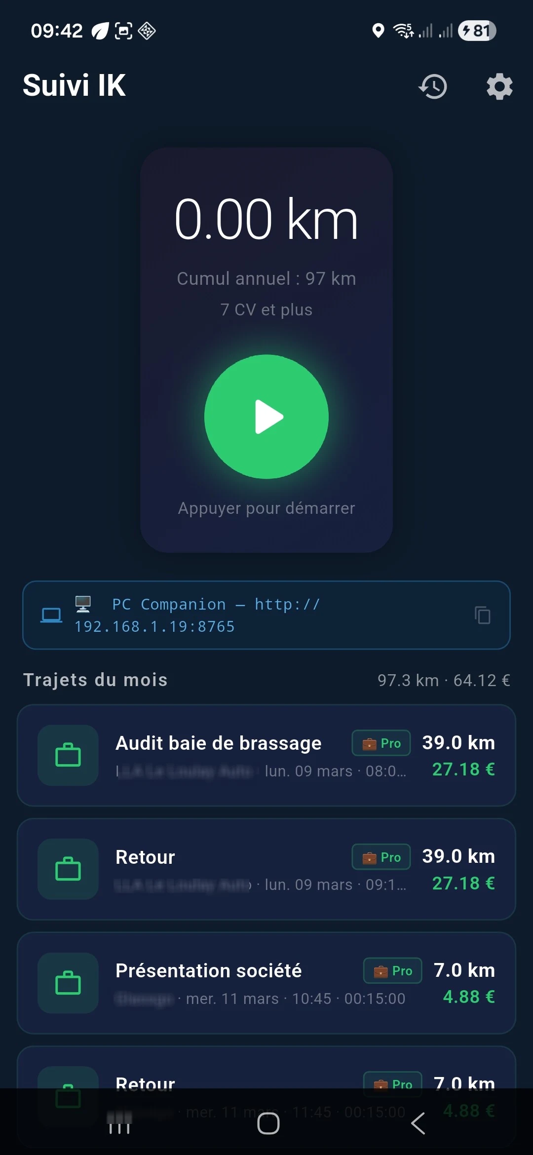 Écran d'accueil de Suivi IK sur Android : compteur kilométrique, cumul annuel, puissance fiscale du véhicule et bouton de démarrage du trajet
