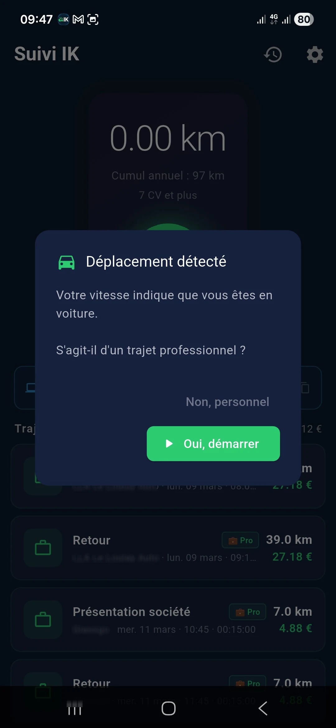 Suivi IK détecte un déplacement en voiture sur Android et demande s'il s'agit d'un trajet professionnel