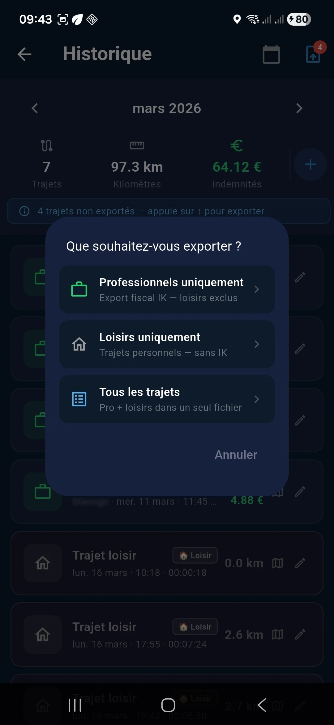 Choix d'export dans Suivi IK Android : trajets professionnels uniquement, loisirs uniquement, ou tous les trajets