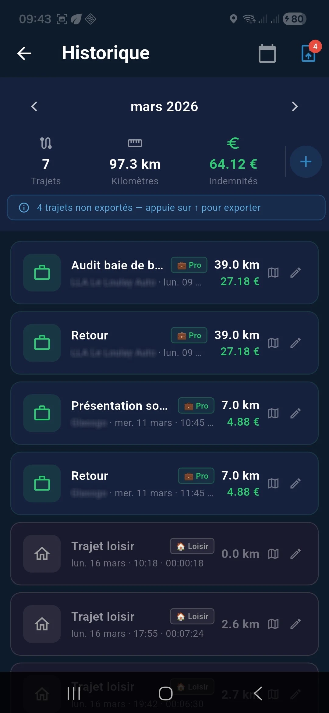 Historique mensuel des trajets dans Suivi IK Android : nombre de trajets, kilomètres et indemnités kilométriques du mois