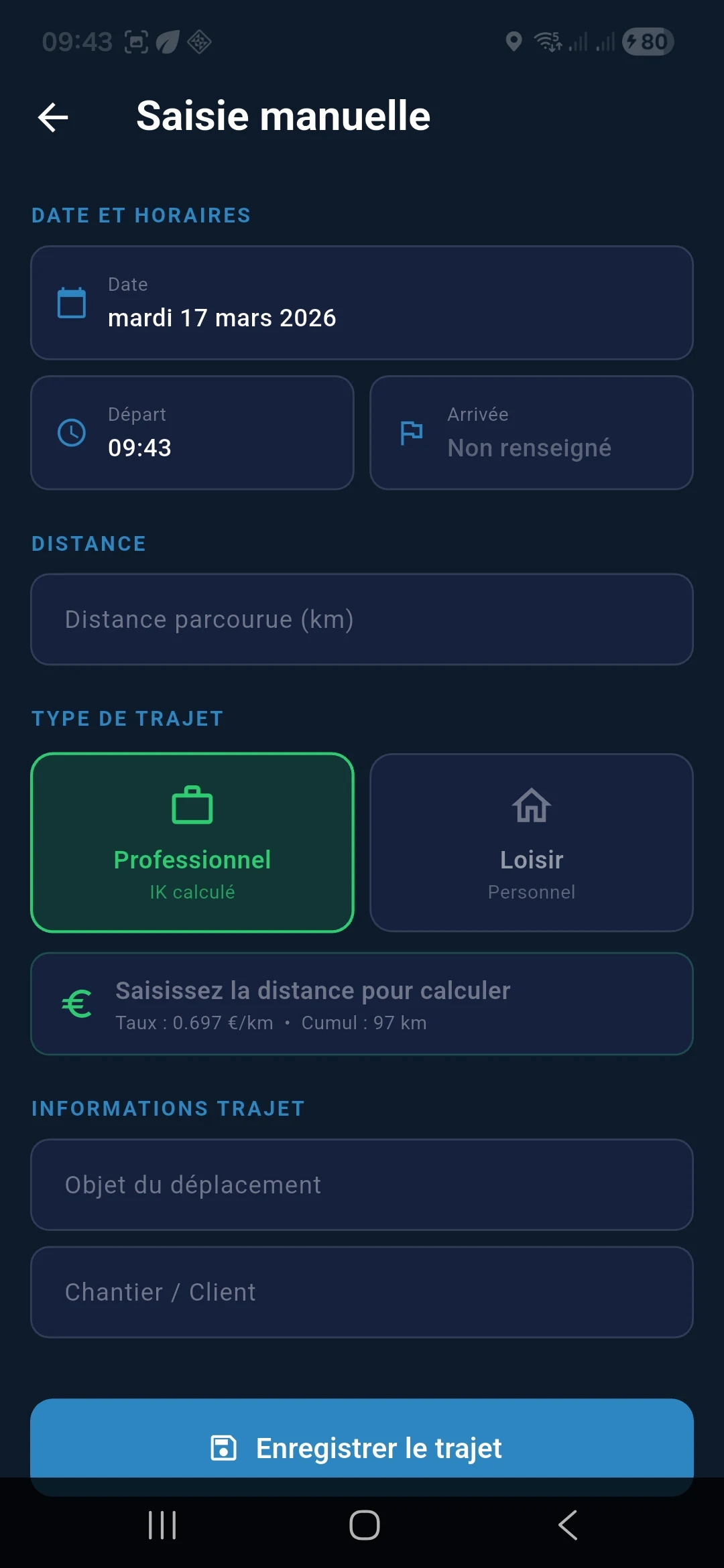 Saisie manuelle d'un trajet dans Suivi IK Android avec calcul automatique de l'indemnité selon le taux du barème