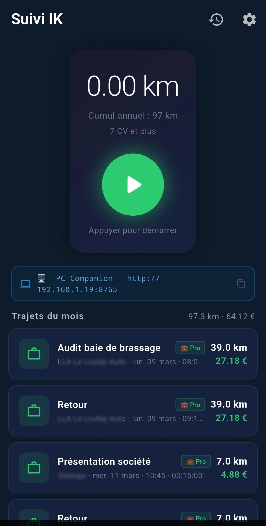 Écran d'accueil de Suivi IK : compteur kilométrique, cumul annuel, puissance fiscale du véhicule et bouton de démarrage du trajet