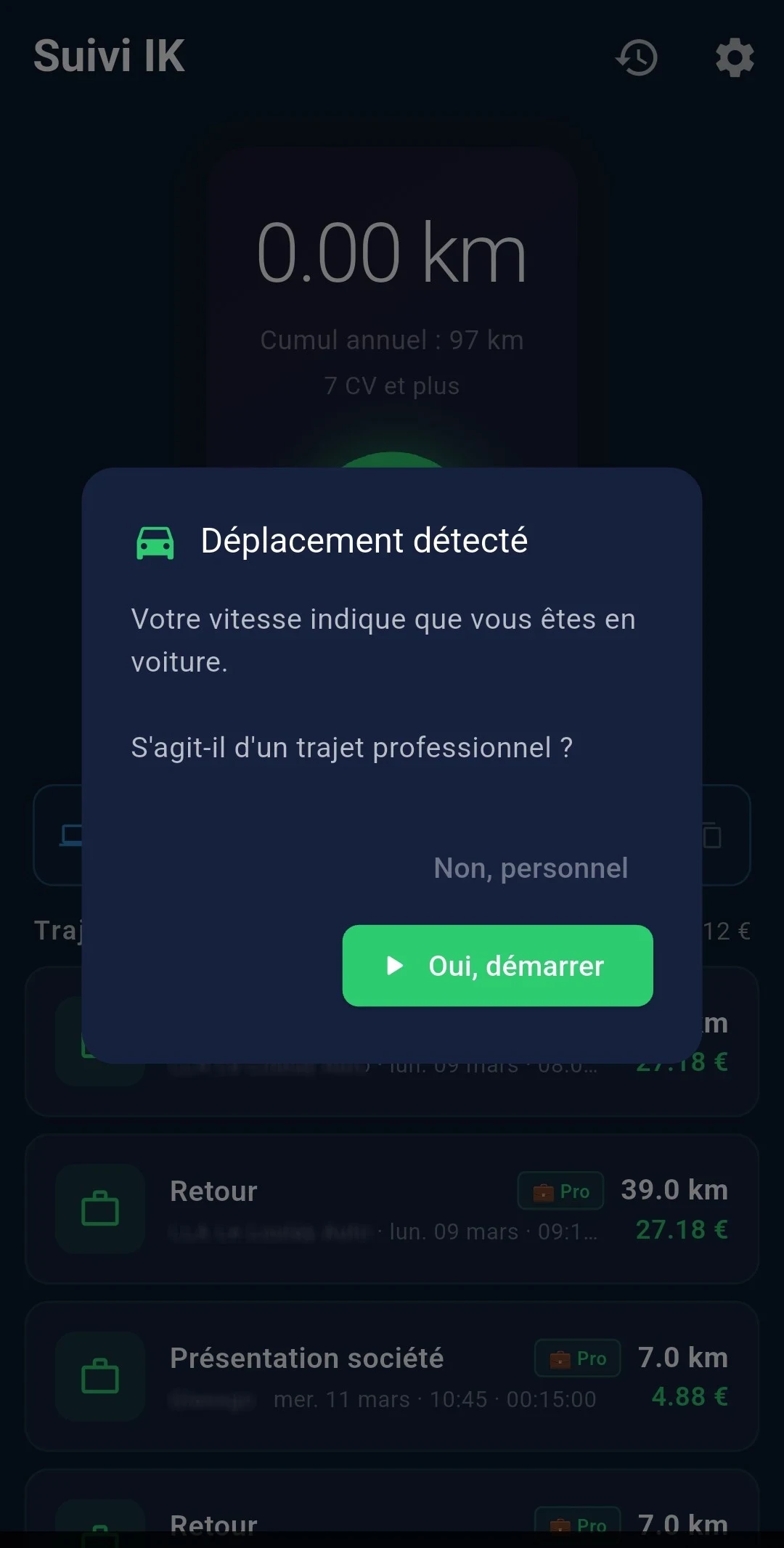 Suivi IK détecte un déplacement en voiture et demande s'il s'agit d'un trajet professionnel