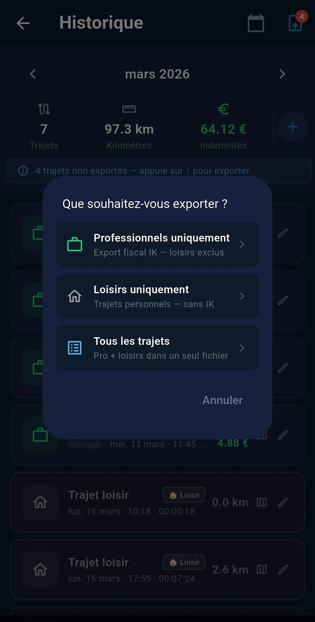 Choix d'export dans Suivi IK : trajets professionnels uniquement, loisirs uniquement, ou tous les trajets