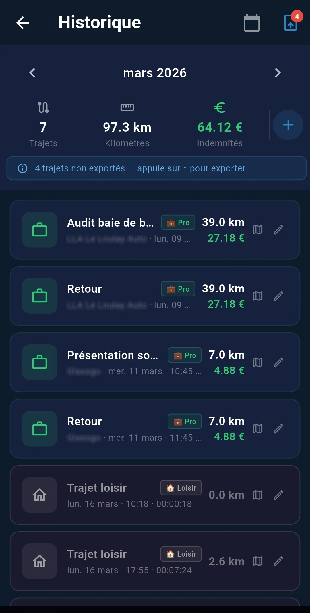 Historique mensuel des trajets dans Suivi IK : nombre de trajets, kilomètres et indemnités kilométriques du mois