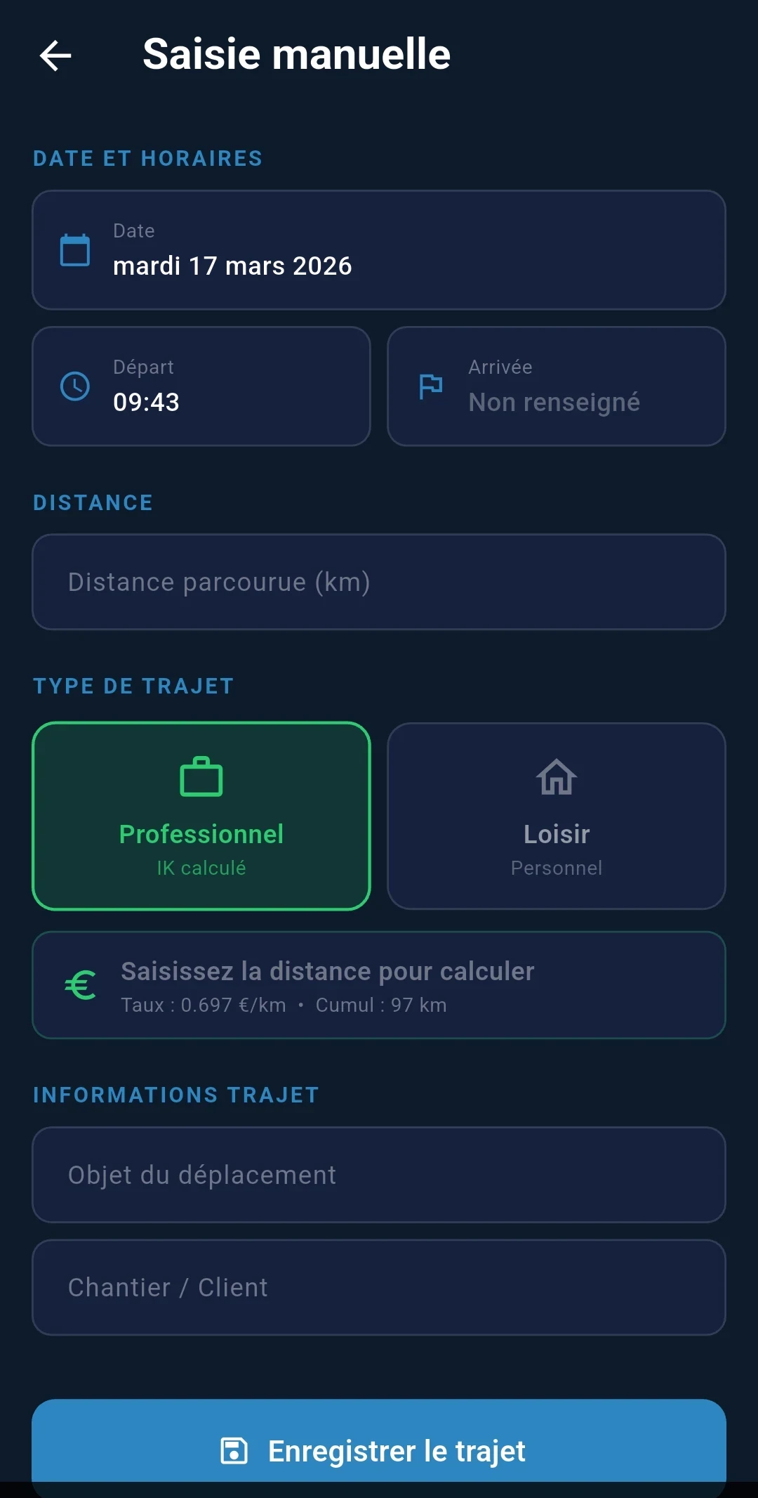 Saisie manuelle d'un trajet dans Suivi IK avec calcul automatique de l'indemnité selon le taux du barème